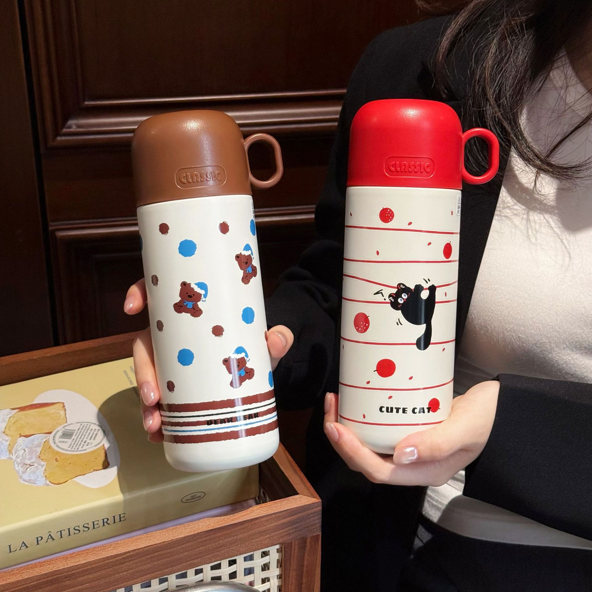 Cartoon three-drink insulated cup, portable and cute student straw cup for girls, stainless steel school travel cup gift Specification drawing