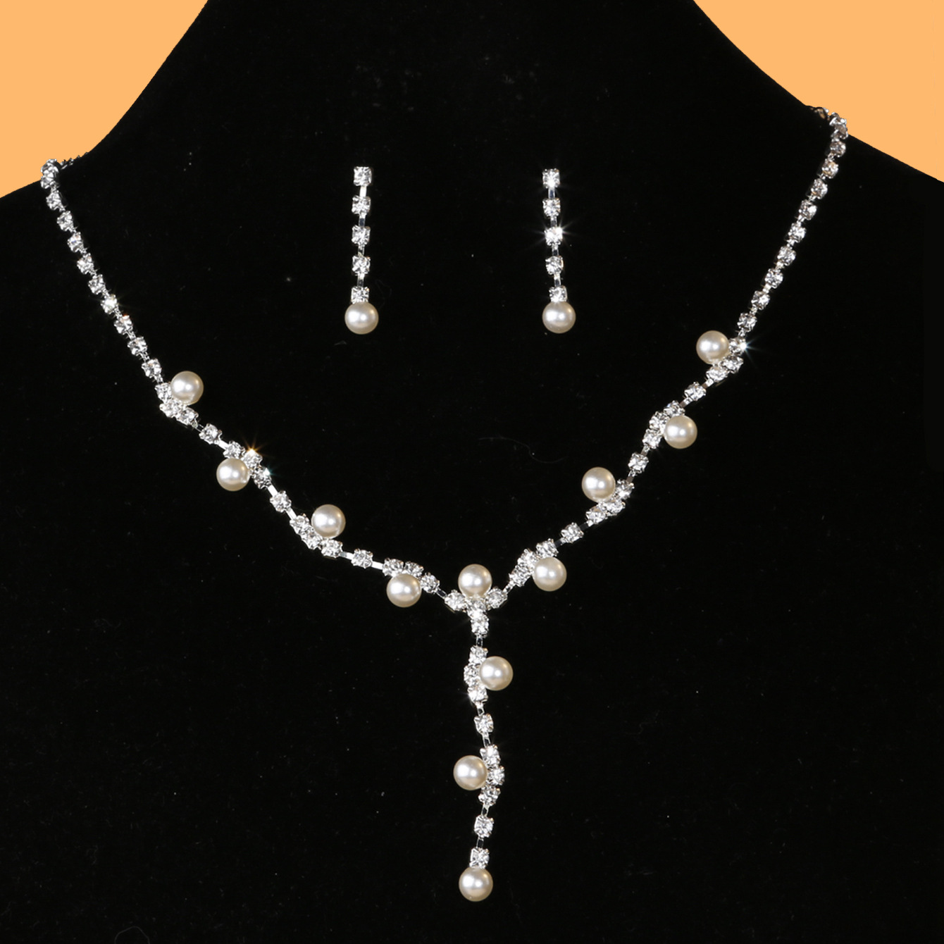 European and American cross-border pearl necklace bride set, fashionable and classic wavy diamond ring earrings necklace set N6196 full figure