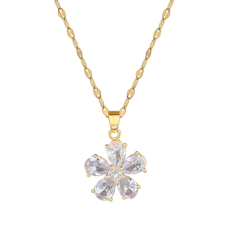 【 Titanium Steel 】 Five-petal flower, light luxury, luxurious, full diamond necklace, versatile collarbone chain for female Internet celebrities, titanium steel chain Item Picture