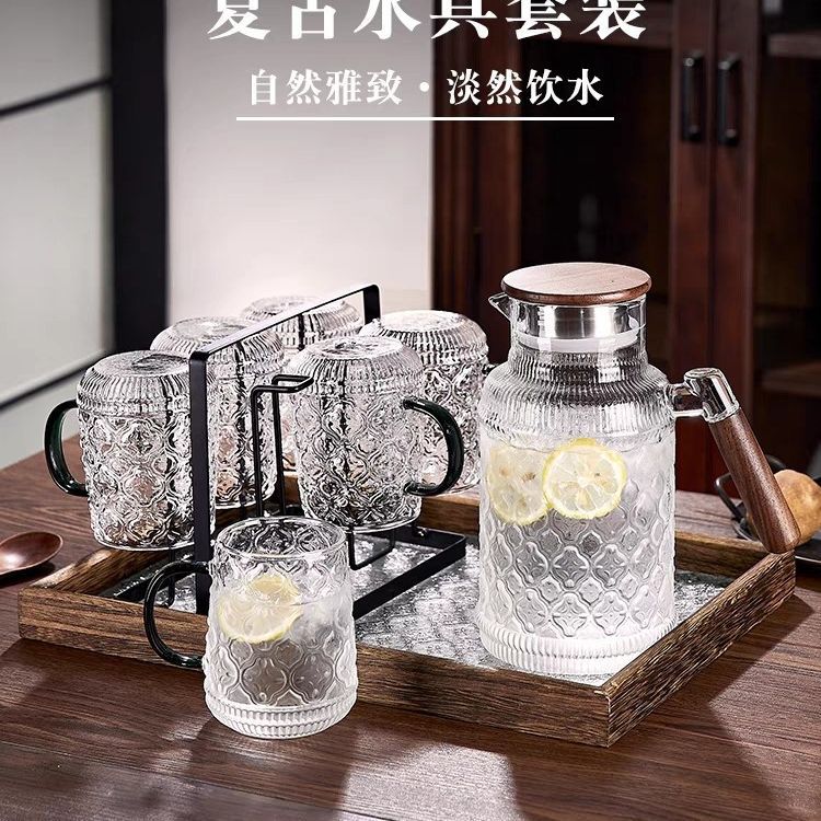 Retro crabapple flower cold water bottle, glass water bottle, large-capacity cold water bottle, household teapot set, cold boiled water bottle full figure