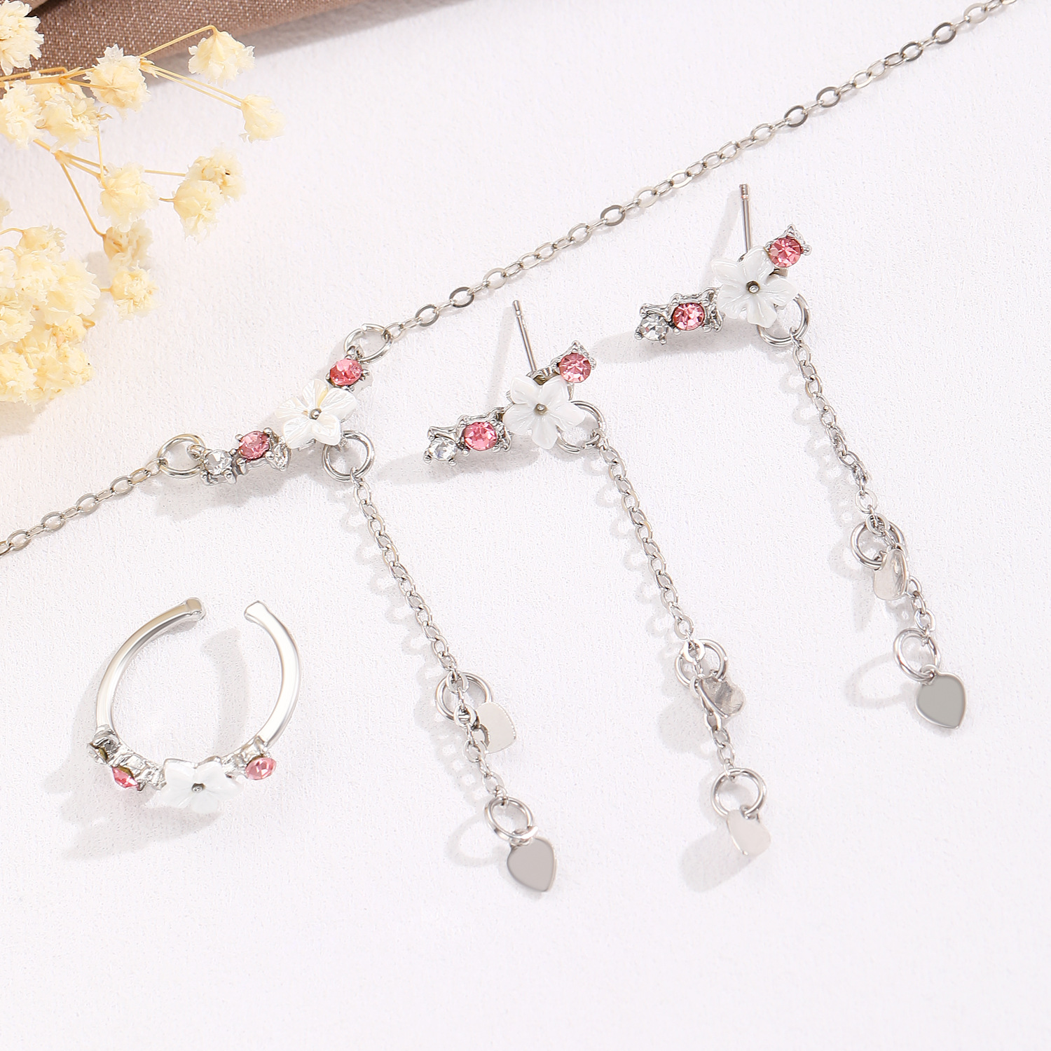 Cross-border cherry blossom necklace, women's stud ring, new light luxury, niche and high-end collarbone chain Spring and Summer jewelry set Application Scenario