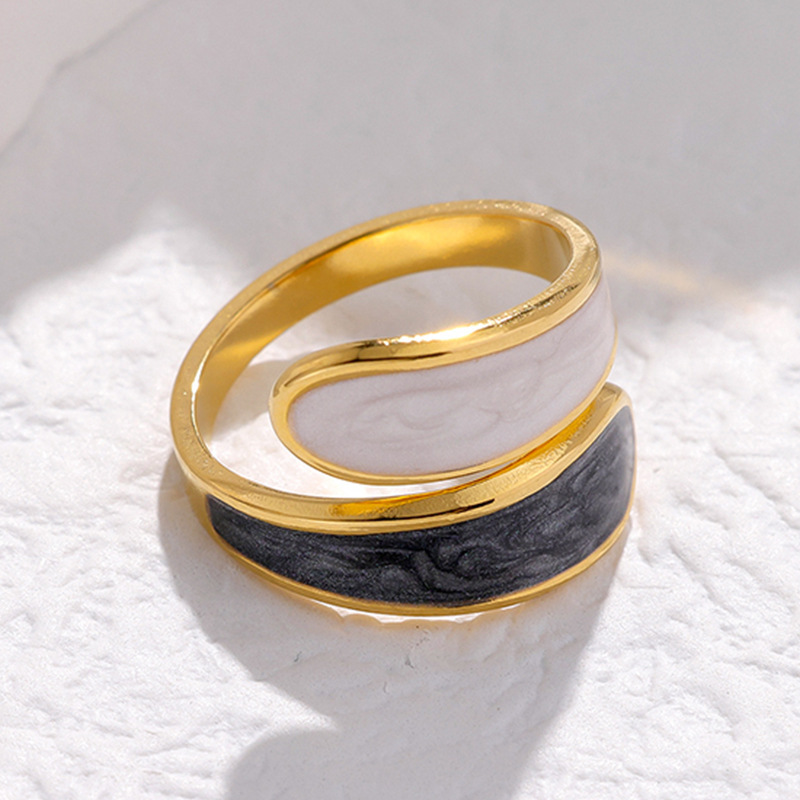 Amazon Cross-border Fashion and simplicity stainless steel gold opening adjustable heart-shaped oil-dripping pearlescent white ring set Specification drawing