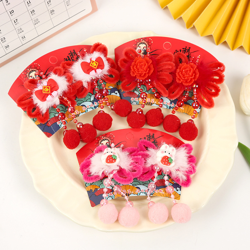 Children's New Year headwear, Chinese-style girls' Hanfu hair clips, mink hair ancient-style tassel hair clips, baby New Year hair accessories Specification drawing