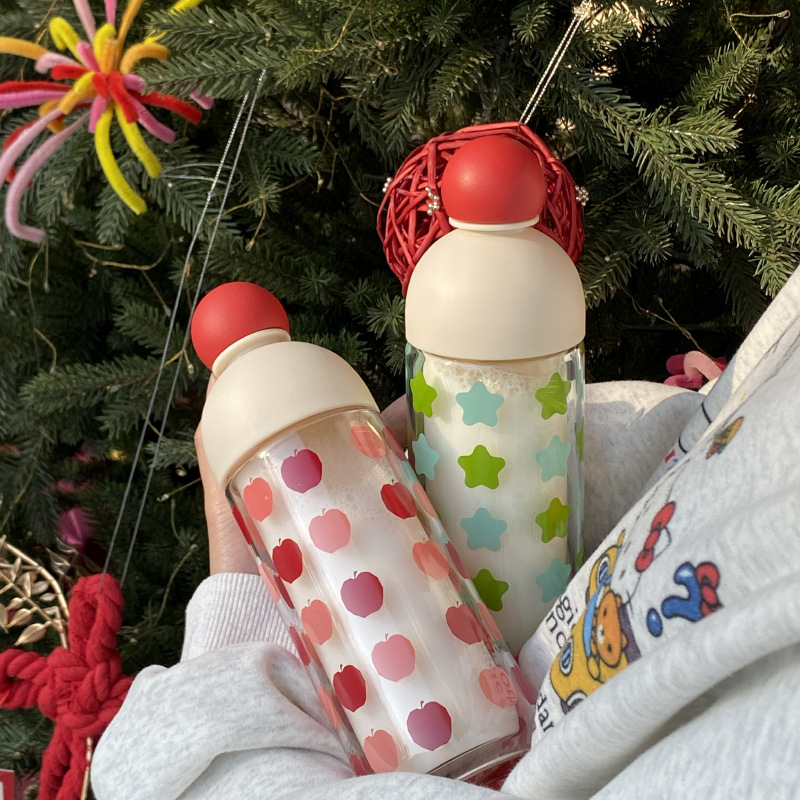 ins niche red nose double-layer high-temperature resistant glass cup, cute star-sealed water cup, car portable cup gift details Picture