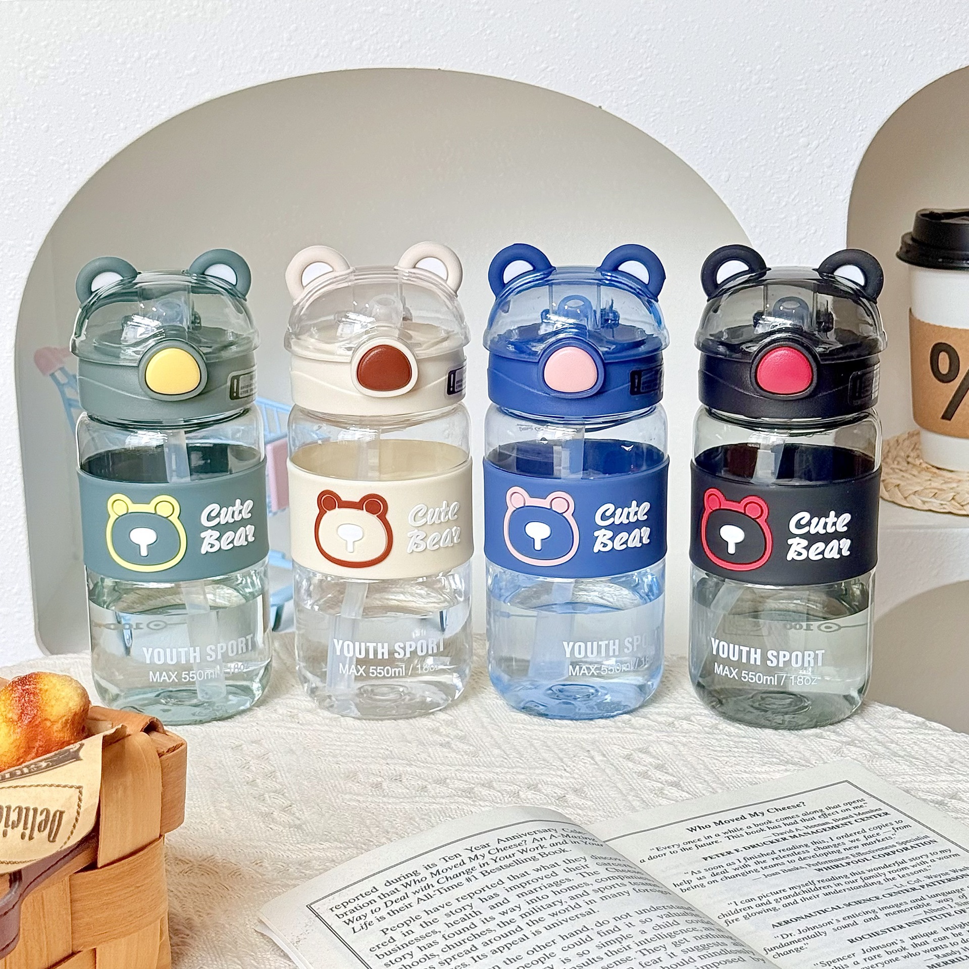 Cute little bear water cup, portable summer straw cup for school, side pocket of schoolbag, cute plastic cup for students details Picture