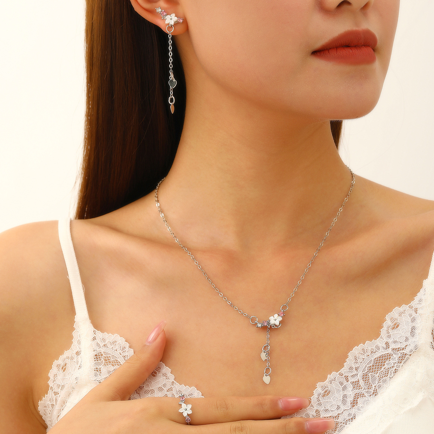 Cross-border cherry blossom necklace, women's stud ring, new light luxury, niche and high-end collarbone chain Spring and Summer jewelry set details Picture