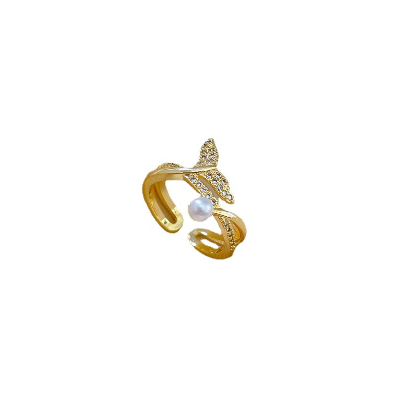 【 Real gold electroplating 】 Open fishtail pearl fashionable slightly inlaid light luxury ring index finger ring, the same style as Internet celebrities, cold style Item Picture