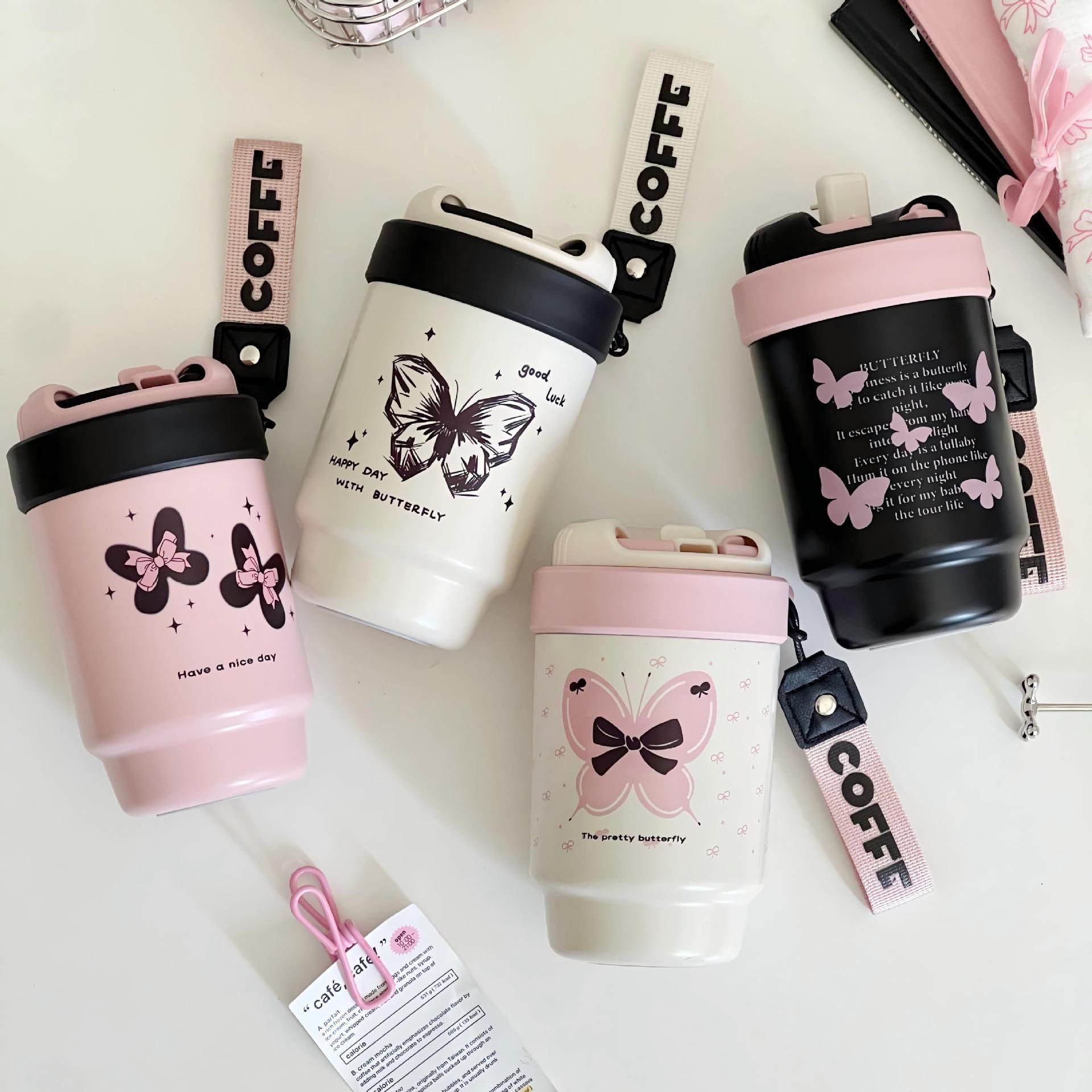 Simple stainless steel coffee cup, hand-held straw insulated cup, 316 portable couple girls' office double drinking cup full figure