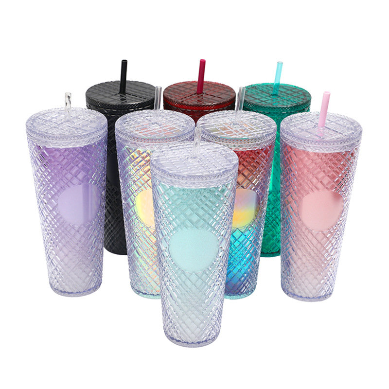 New cross-border Amazon portable double-layer plastic cup from the manufacturer, universal portable irregular gemstone straw cup Item Picture