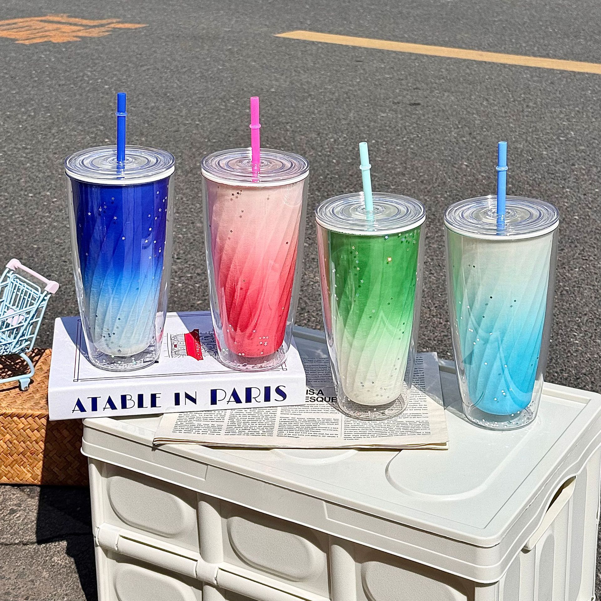 Wholesale of new summer water cups, double-layer high appearance level, desktop straw cups, simple cross-border plastic cups for students and couples Specification drawing
