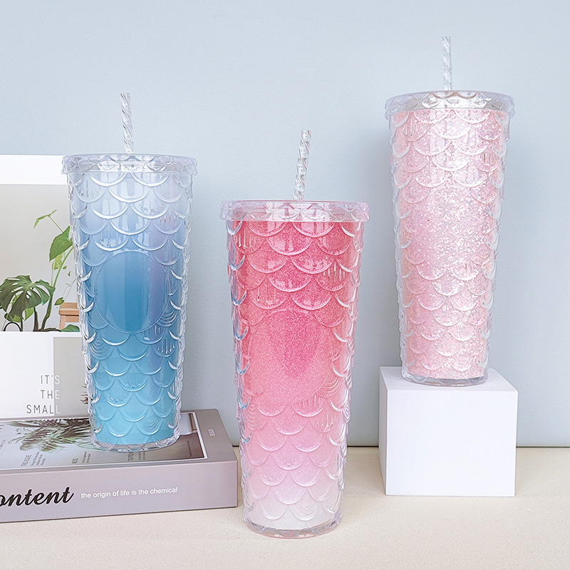 New stylish fish-scale straw cup with double-layer insulation, 700ml drinking cup, popular indoor water cup wholesale details Picture