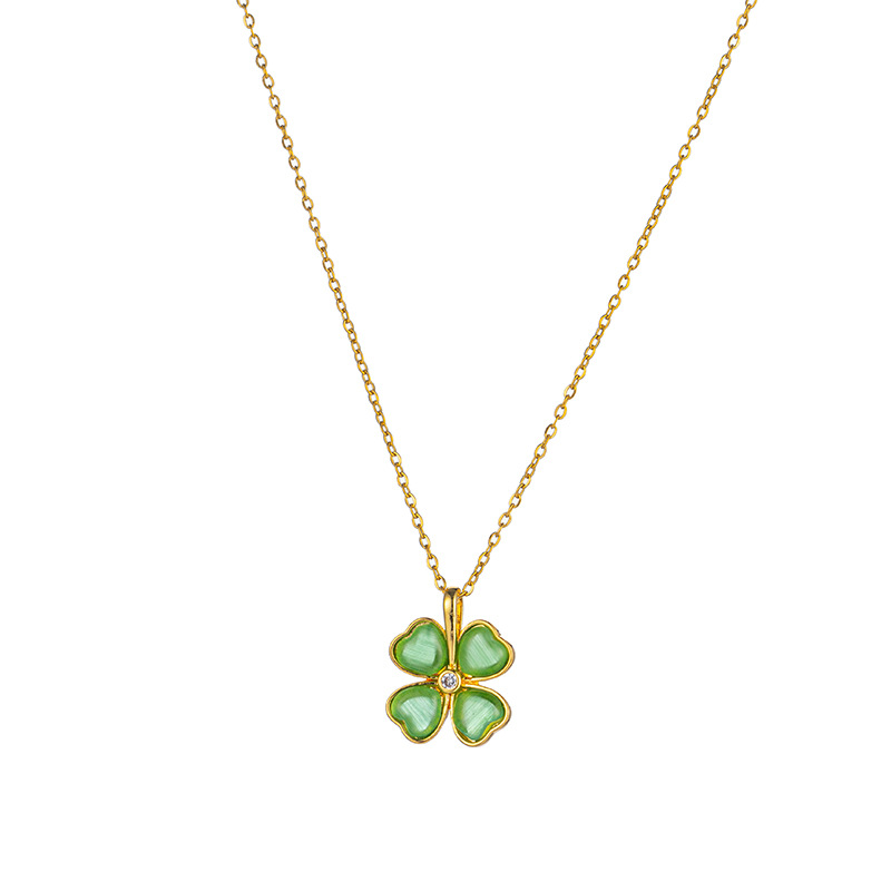 Cat's eye stone heart-shaped four-leaf clover necklace, women's niche design sense, light luxury collarbone chain, trendy and versatile accessory wholesale Item Picture