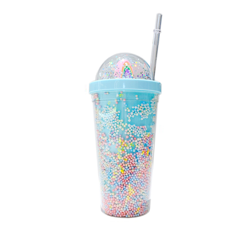 Korean version plastic cup, double-layer with straw, popular Instagram water cup, teenage girl's home, office, breakfast, milk and juice cup Item Picture