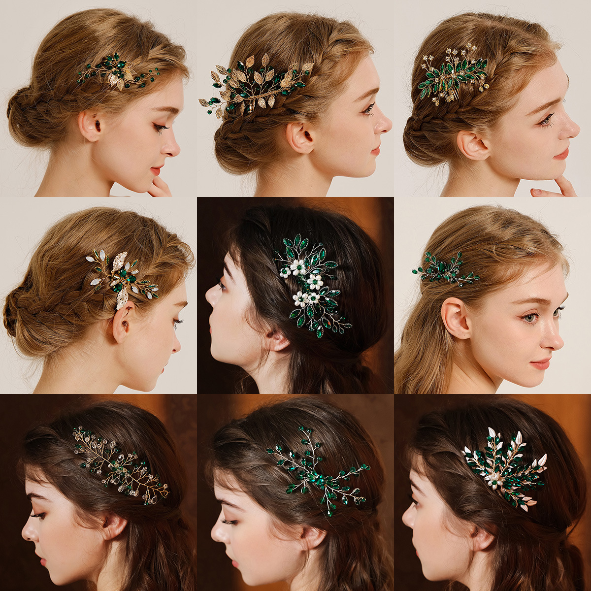 Cross-border retro alloy water diamond insert comb, handcrafted leaf green crystal headwear, ancient-style Hanfu accessories, bride's hair comb full figure