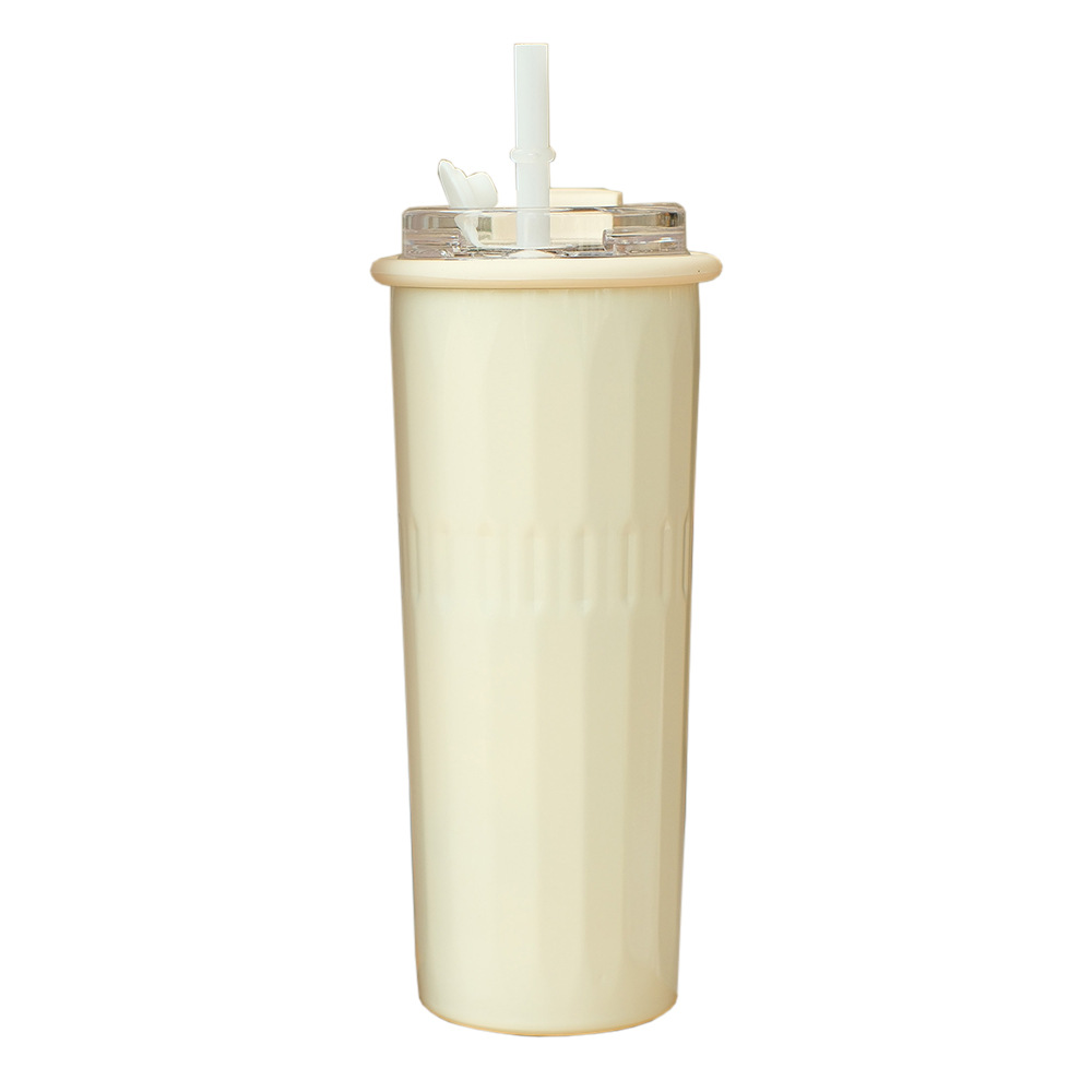 New minimalist coffee cup, fashionable women's insulated cup with straw, stainless steel cold preservation, high appearance level, double drinking cup Item Picture