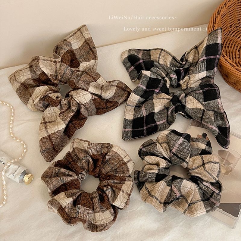 Maillard checkered large intestine hair band, women's bun hair tie, Korean-style style ponytail, square scarf, rubber band hair accessory Specification drawing
