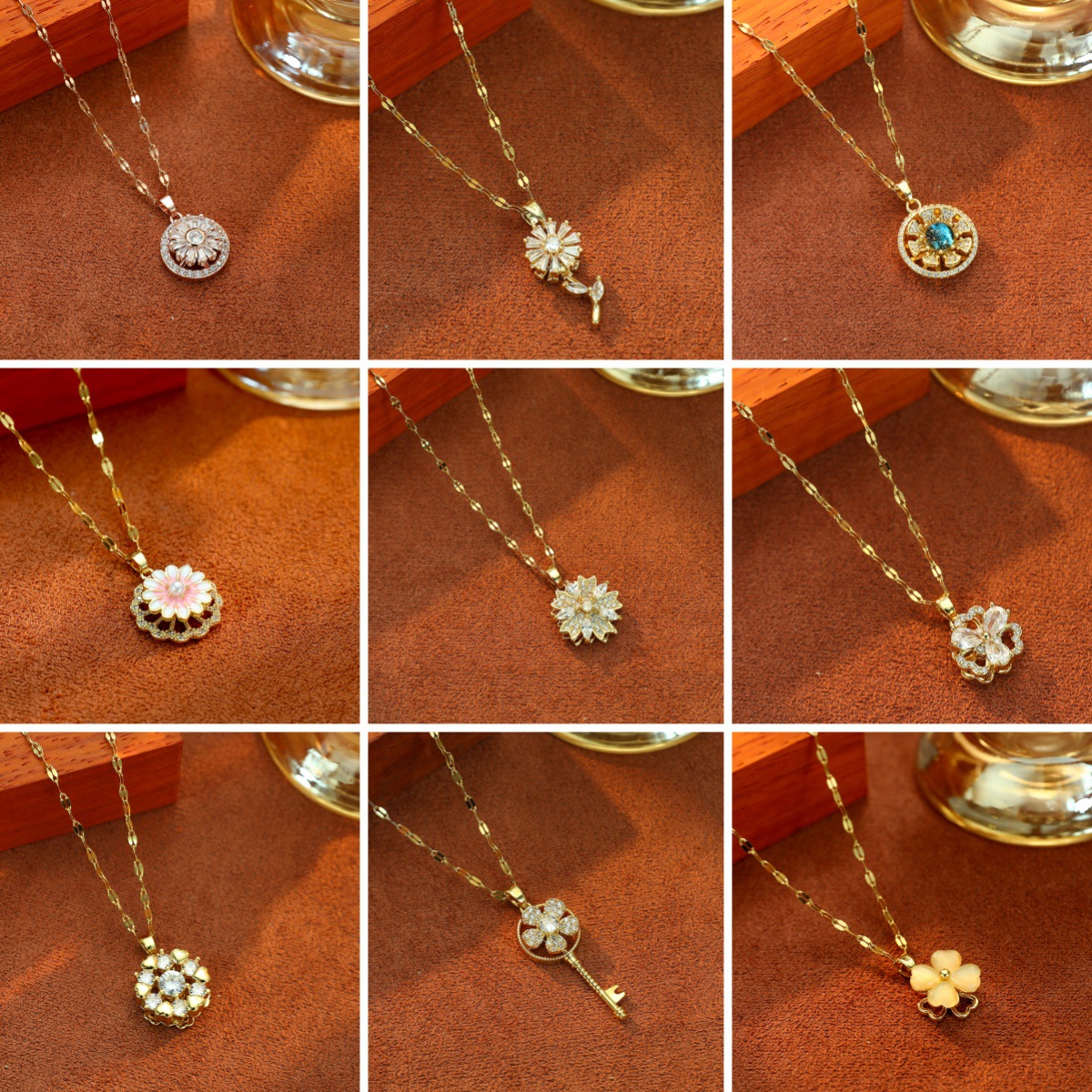 Spring and summer rotating fashionable and light luxury titanium heart-shaped flower steel necklace, simple and versatile, full diamond zircon pendant collarbone chain full figure