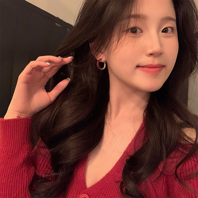 Light luxury, niche, super sparkling diamond-encrusted red circle earrings, versatile, elegant and high-end, Encore red geometric stud earrings details Picture
