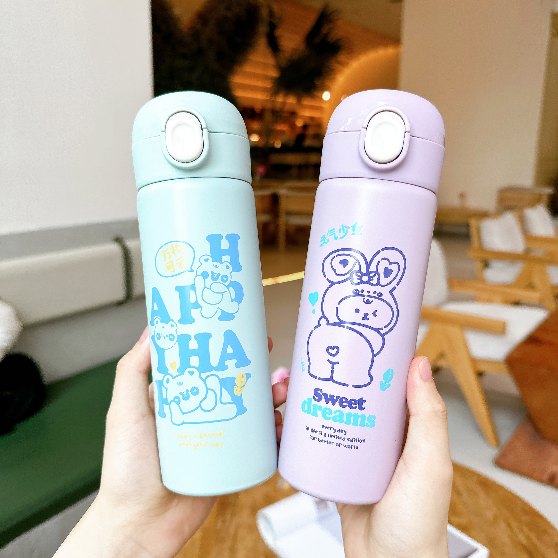 New cute water cup, stainless steel simple cartoon direct drinking cup, portable pop-up lid, student high appearance level insulated cup Specification drawing