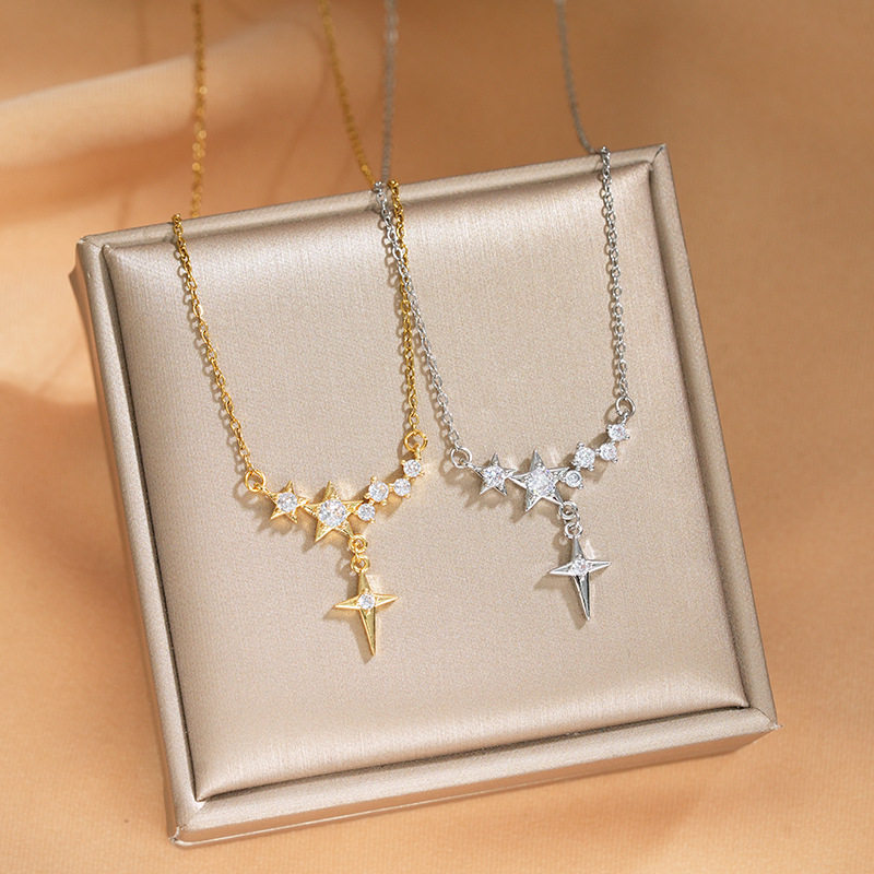 A new Korean version with a unique design sense, star tassel pendant titanium steel necklace, versatile for women, and slightly studded with diamonds full figure