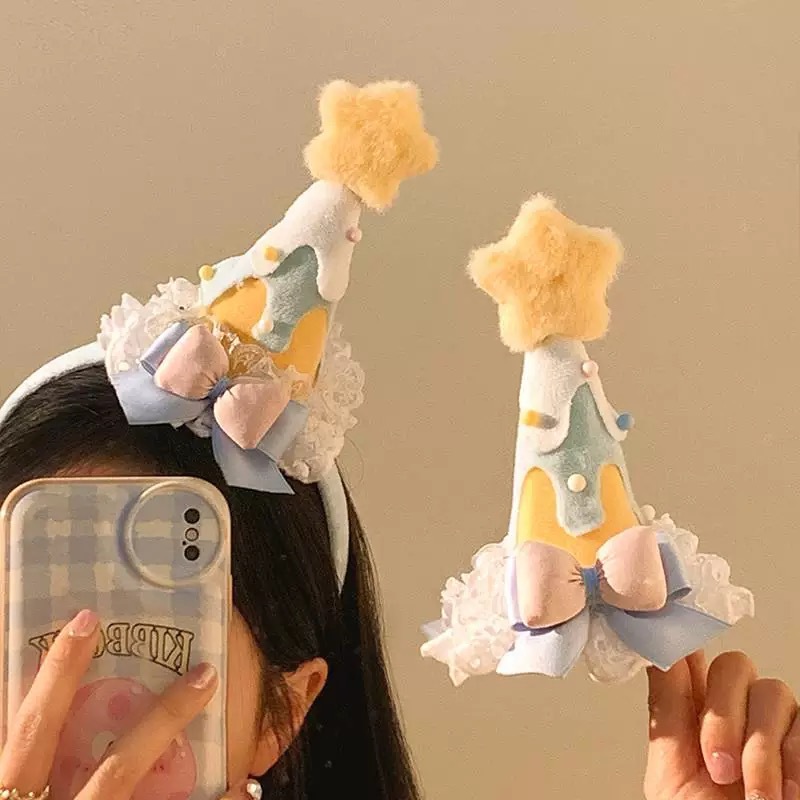 Make a wish! A yellow star-shaped birthday hat, headwear, hairpin, and a cute, girlish atmosphere. It's a photo prop and headband Specification drawing