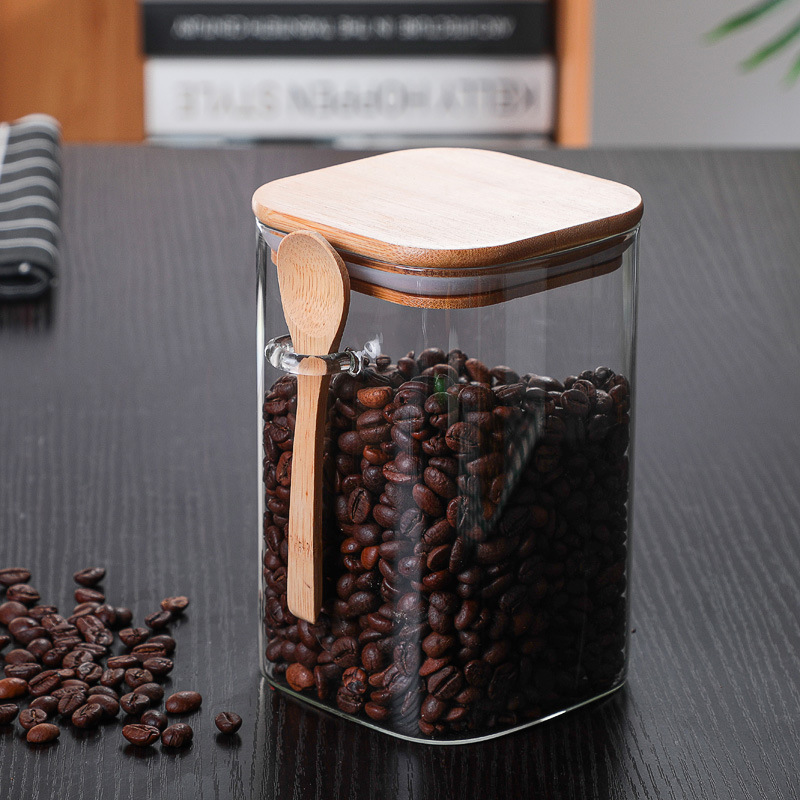 Square transparent glass sealed jar with wooden spoon, seasoning box, food storage jar, coffee bean storage jar, tea jar details Picture
