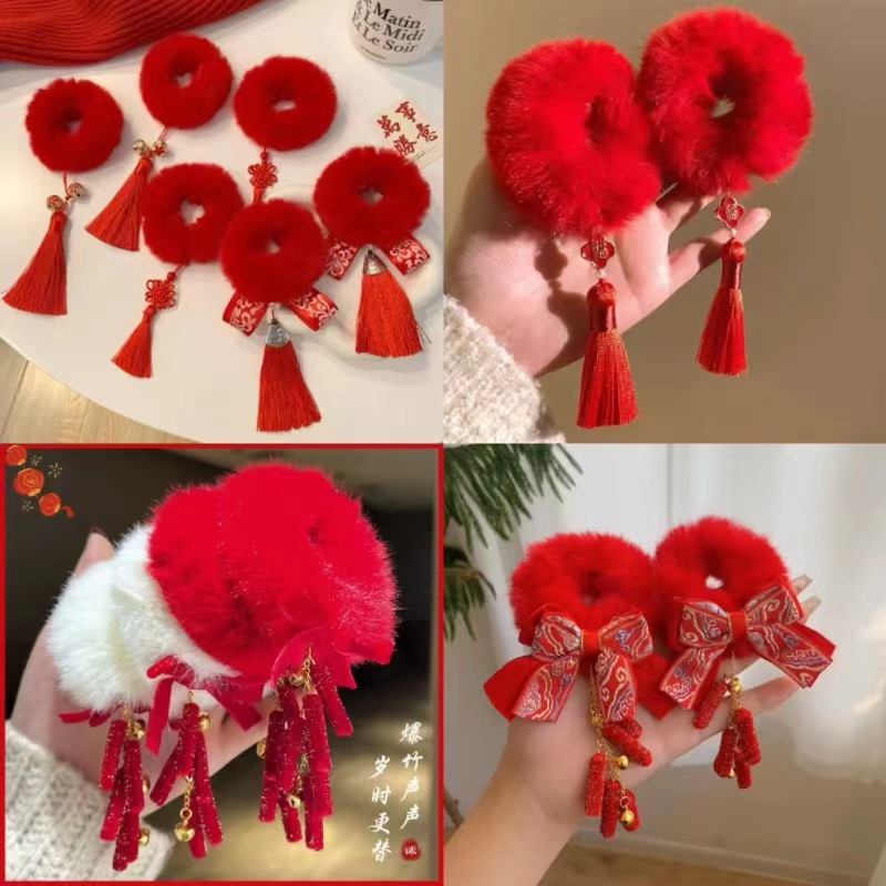New Year's headwear: Ancient-style Hanfu, children's autumn and winter plush hair band, 2024 new style hair tie, women's Spring Festival leather band hair flower full figure