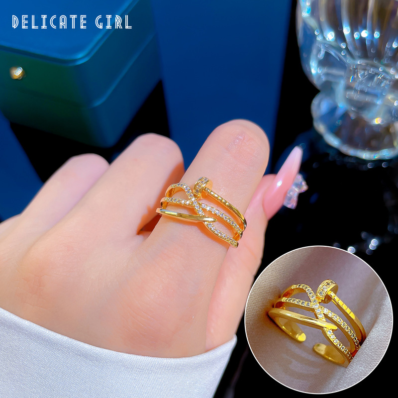 【 Real Gold 】 Korean version cross-twisted ring with adjustable opening, simple jewelry, Japanese-style ring couple rings full figure