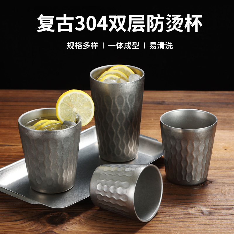 Retro 304 stainless steel fire diamond-patterned water cups and tea cups, industrial style nostalgic beer mugs and beverage cups, outdoor camping full figure