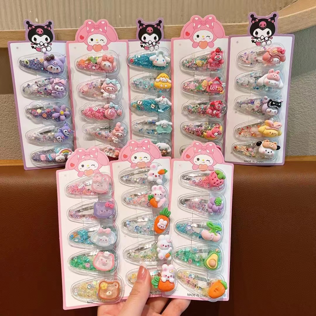 New children's flowing sand clips, cute Sanrio hair clips for girls, student bangs, small hair clips, bb clips for girls, sweet hair clips details Picture