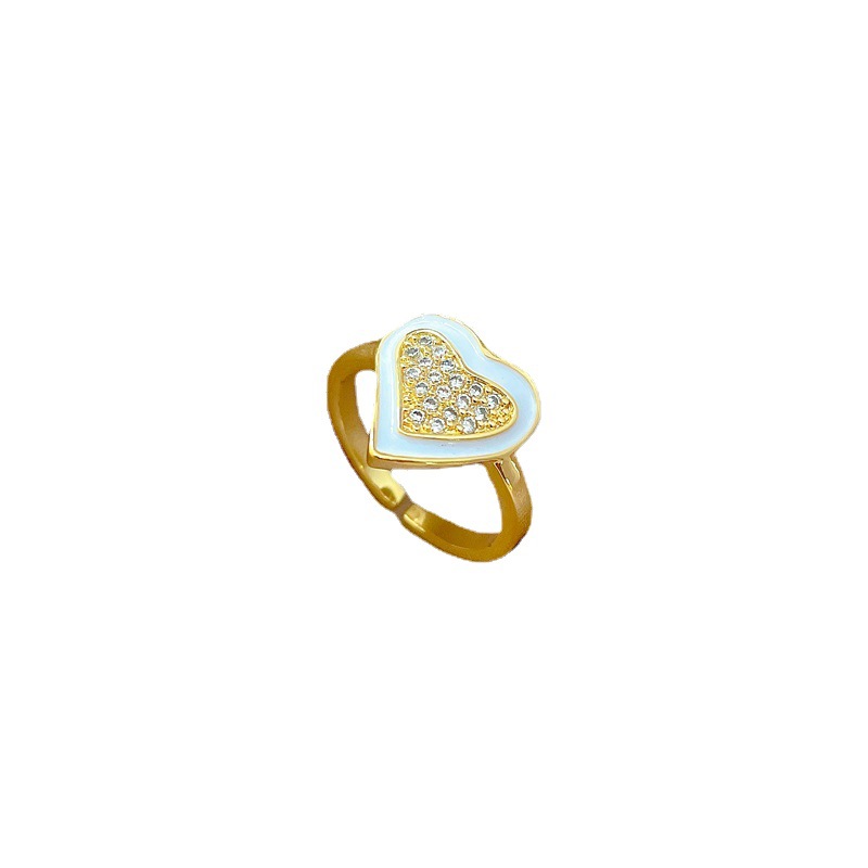 【 Real Gold 】 Oil-dripping heart Full diamond ring with adjustable opening, simple Japanese-style bracelet, couple rings Item Picture