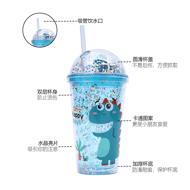 Cross-border factory direct supply double-layer plastic cups, cartoon dinosaur pattern children's water cups with sequins and transparent straw cups details Picture