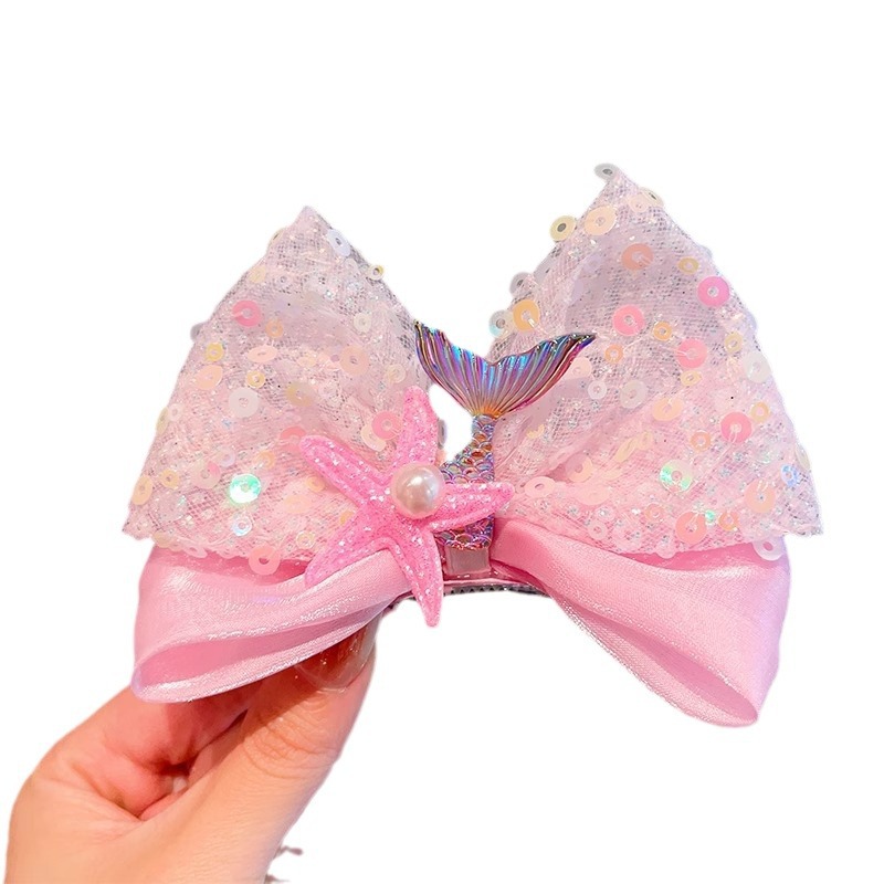 Princess sequined bow headwear for girls, children's hair clips, baby 3D mermaid hair clips, girls' performance hair accessories Item Picture