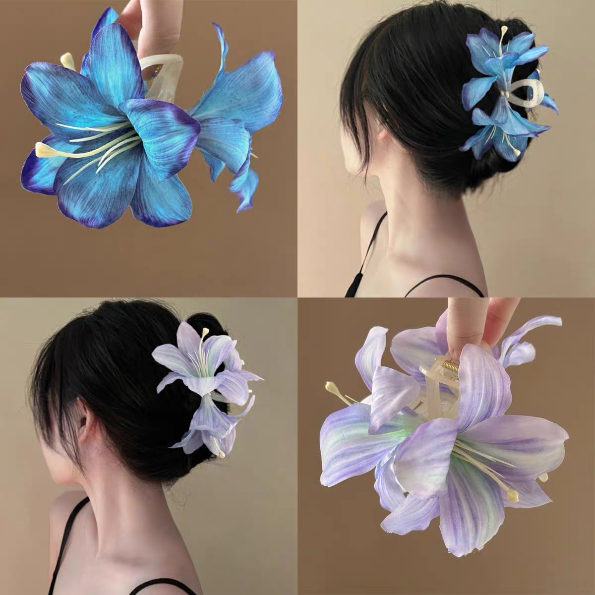 The atmosphere of the purple lily flower clipper is extremely ethereal, elegant and high-end. It is a shark clipper hair accessory for the back of the head full figure