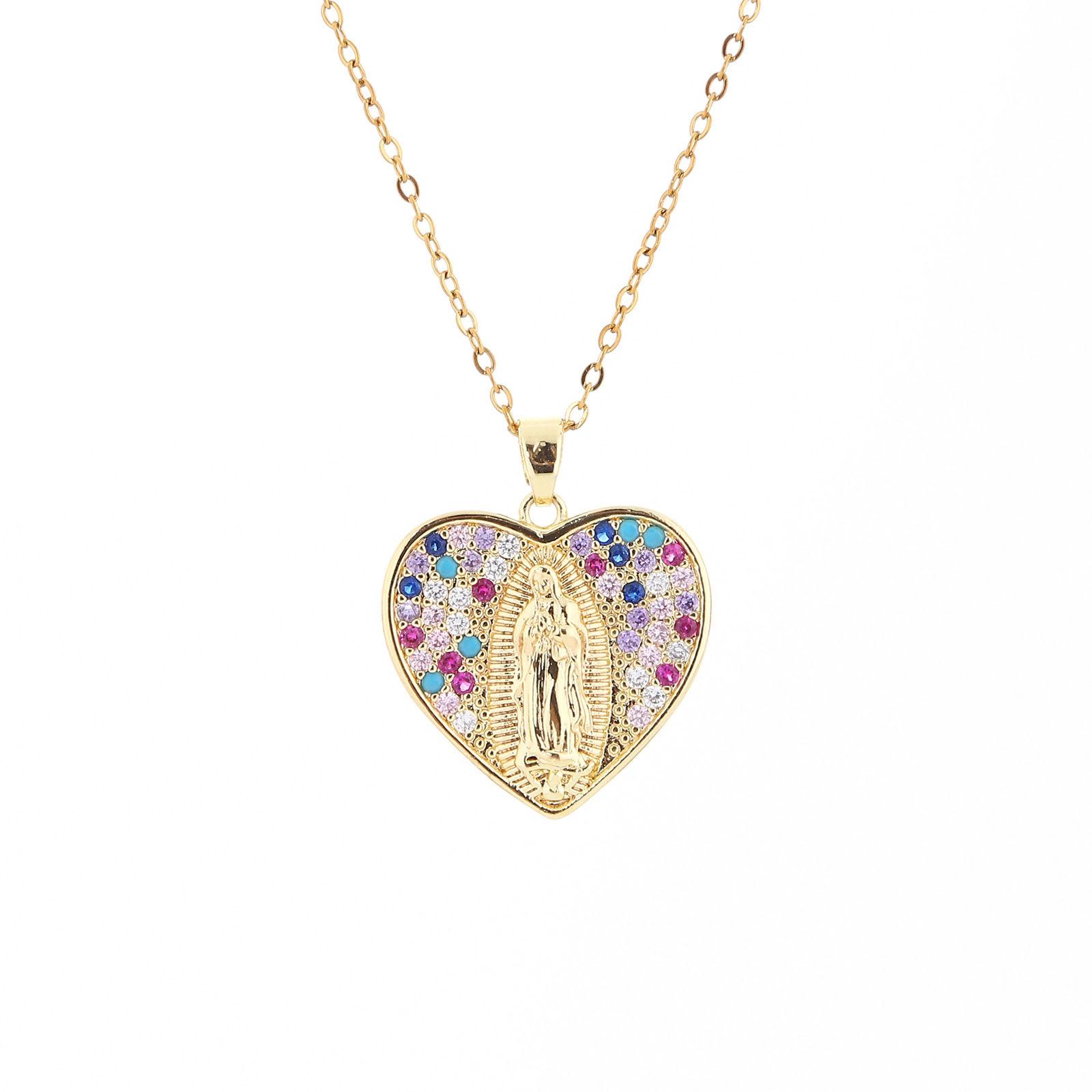 Amazon's best-selling colored zircon Virgin Mary pendant necklace, a fashionable and versatile geometric round collarbone chain for women Item Picture