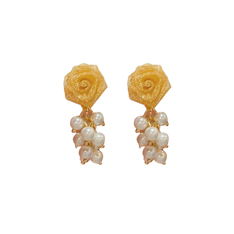 Golden rose tassel pearl earrings for women, French elegance, light luxury, court-style quality stud earrings, fashionable earrings wholesale Item Picture