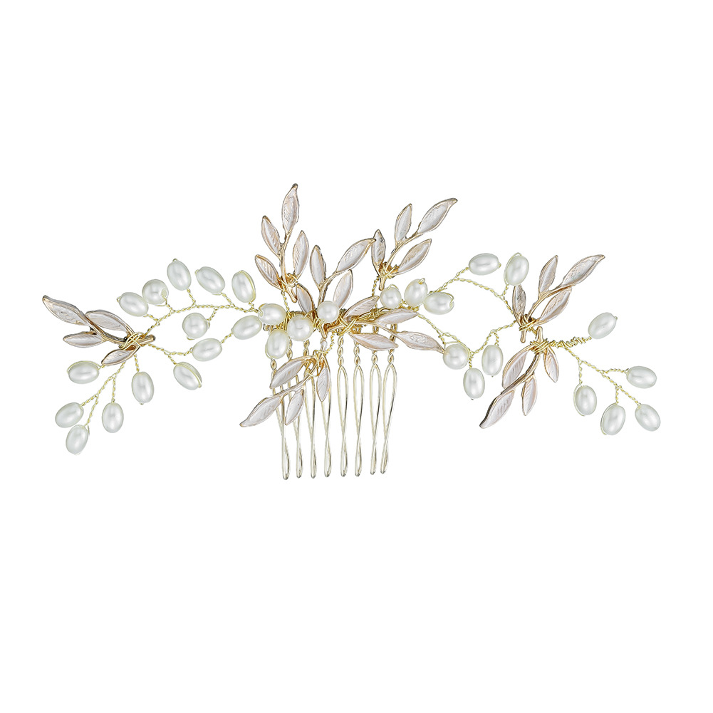 Cross-border Amazon bride headwear, high-end handcrafted hair comb, thin-coated alloy leaves, pearl bride insert comb Item Picture