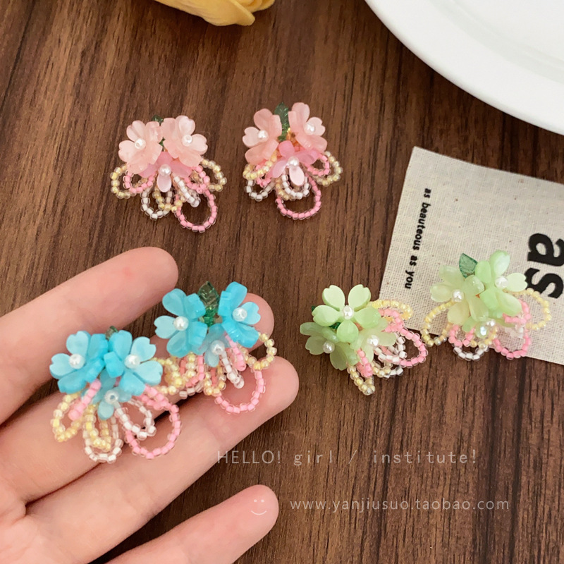 Summer crabapple flower beaded earrings, light luxury and high-end, sweet and elegant earrings, Dopamine Sen-style elegant stud earrings for women details Picture