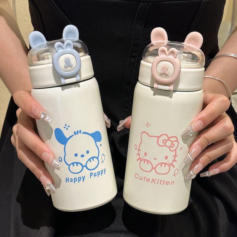 Cute children's cup, student water rabbit ear cap, straw, insulated cup, portable, small stainless steel cup full figure