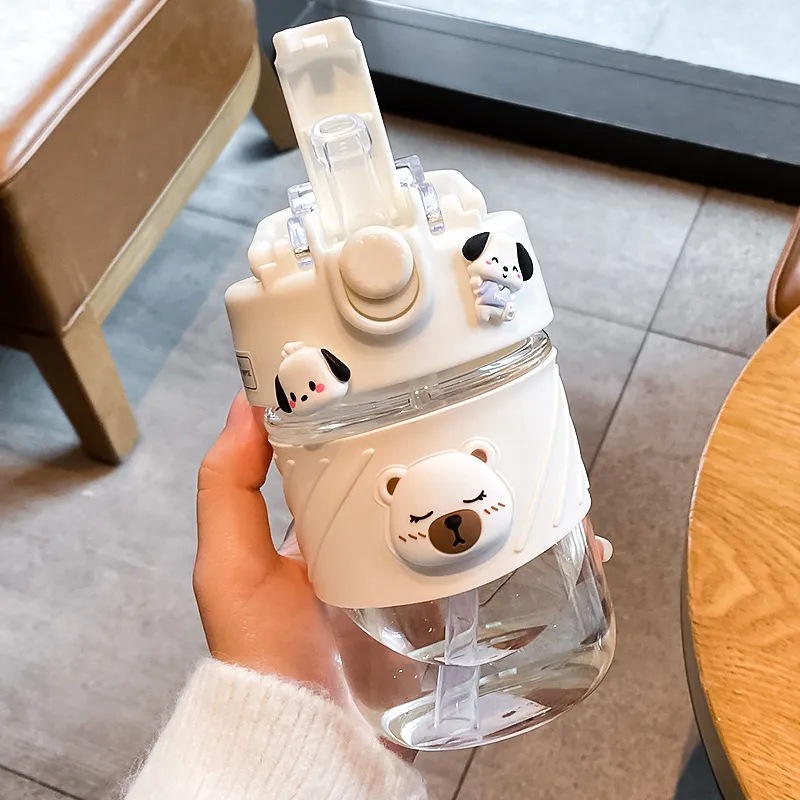 Cute little bear glass cups, cartoon student double-drinking straw cups, high appearance level, join hands to prevent leakage, wholesale of casual cups Specification drawing