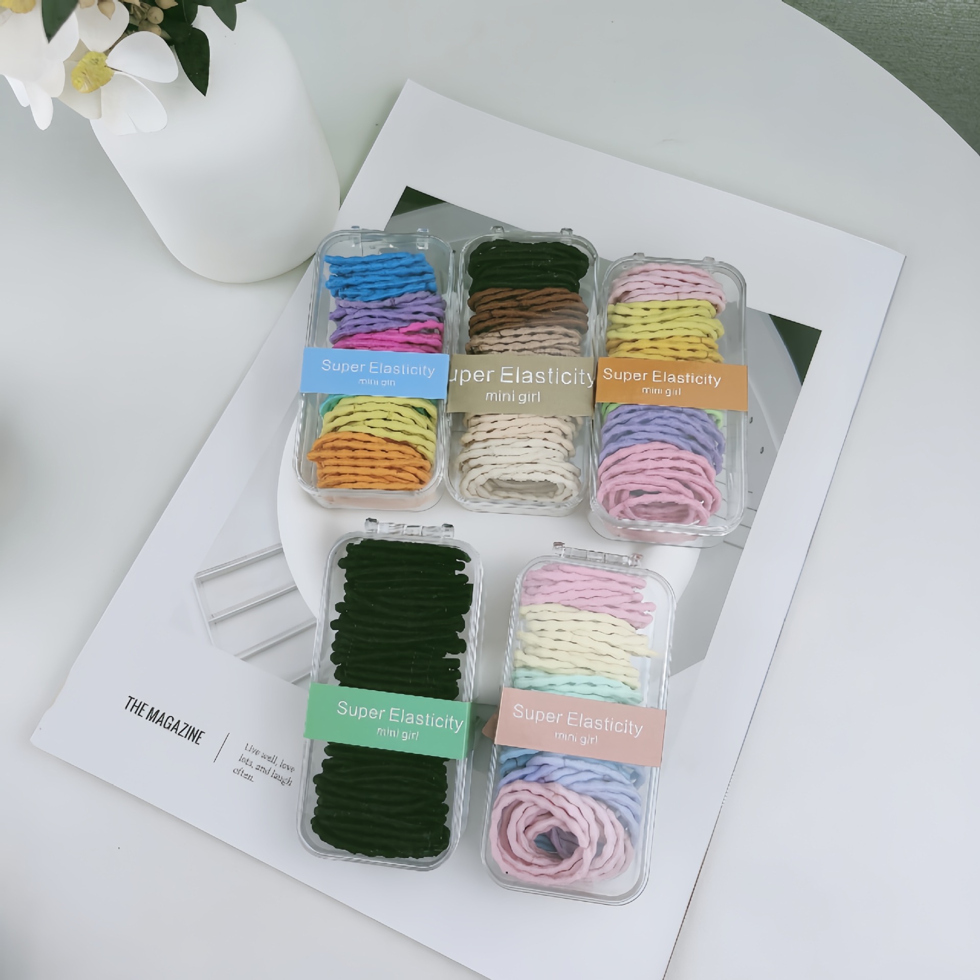 60 colorful, simple and basic bean-style smooth hair bands, high-elasticity, versatile and durable children's ponytail hair ties in a box details Picture