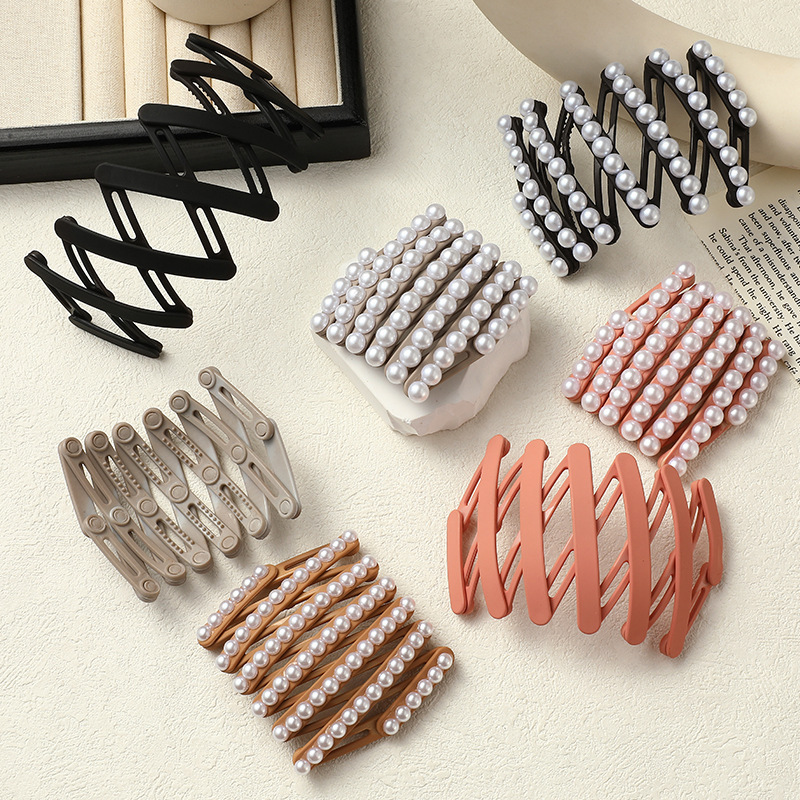 Pearl folding hairband for women 2024 New style facial cleansing headband, flowing hairpin, forehead clipping hair clip, summer headwear Specification drawing