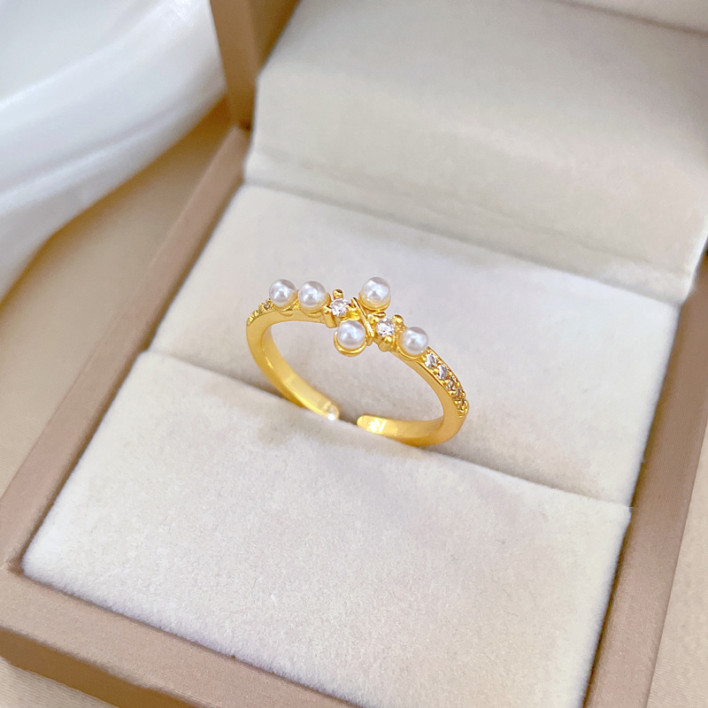 【 Real Gold 】 Pearl cross ring with adjustable opening, simple wristband, Japanese-style couple rings Specification drawing