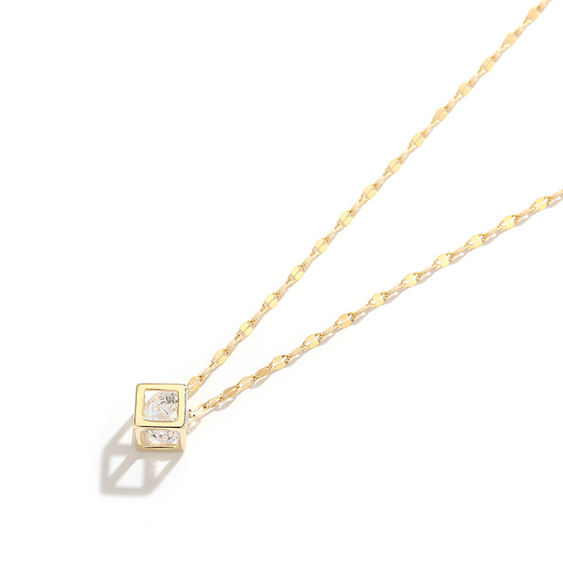 Korean 18k gold-plated hollowed-out square diamond titanium steel necklace for women, simple square zircon pendant, popular collarbone chain wholesale Item Picture