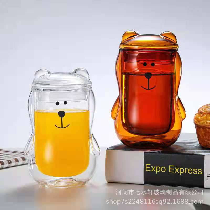 New double-layer covered creative cartoon bear cup, breakfast cup, coffee cup, water cup, double-layer cup, double-layer insulated cup details Picture