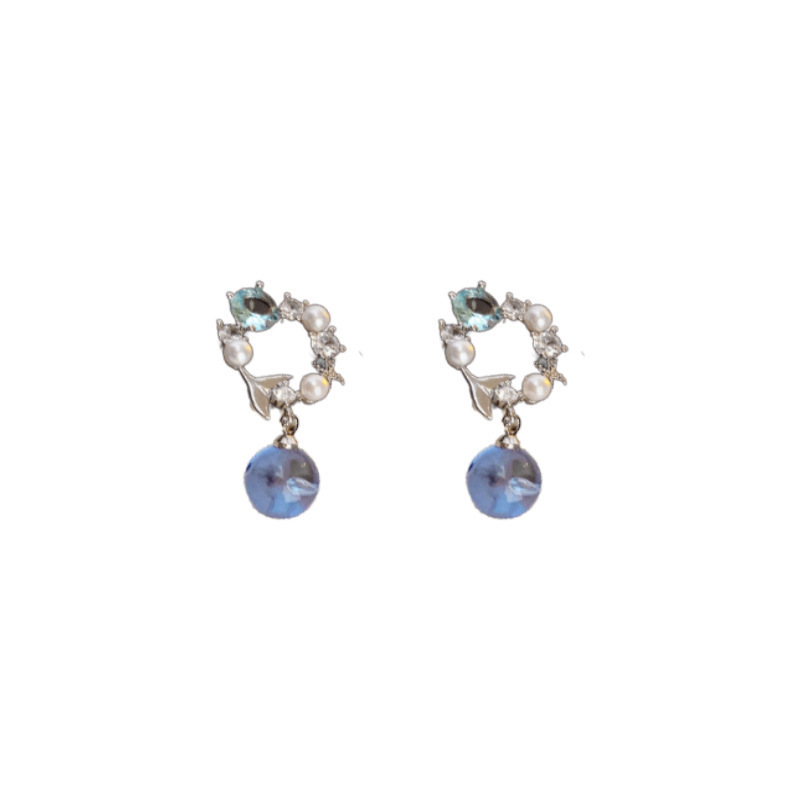 Super fairy-like blue crystal earrings, women's micro-inlaid zircon pearl stud earrings, versatile, elegant and high-end light luxury earrings wholesale Item Picture