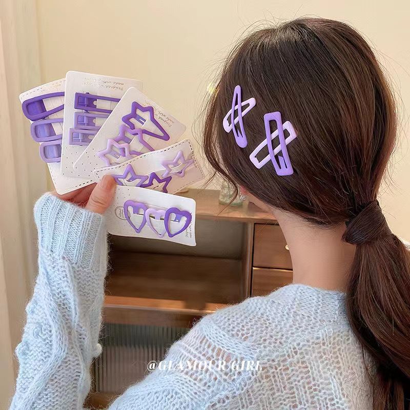 Purple geometric five-pointed star heart-shaped hair clips, elegant Korean style, with duckbill-shaped side clips, sweet and girlish hair accessory for girls full figure