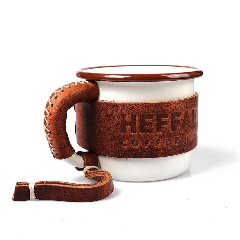 350ml enamel cup in stock, thickened enamel coffee cup for export, 8cm ins retro enamel cup with leather case details Picture