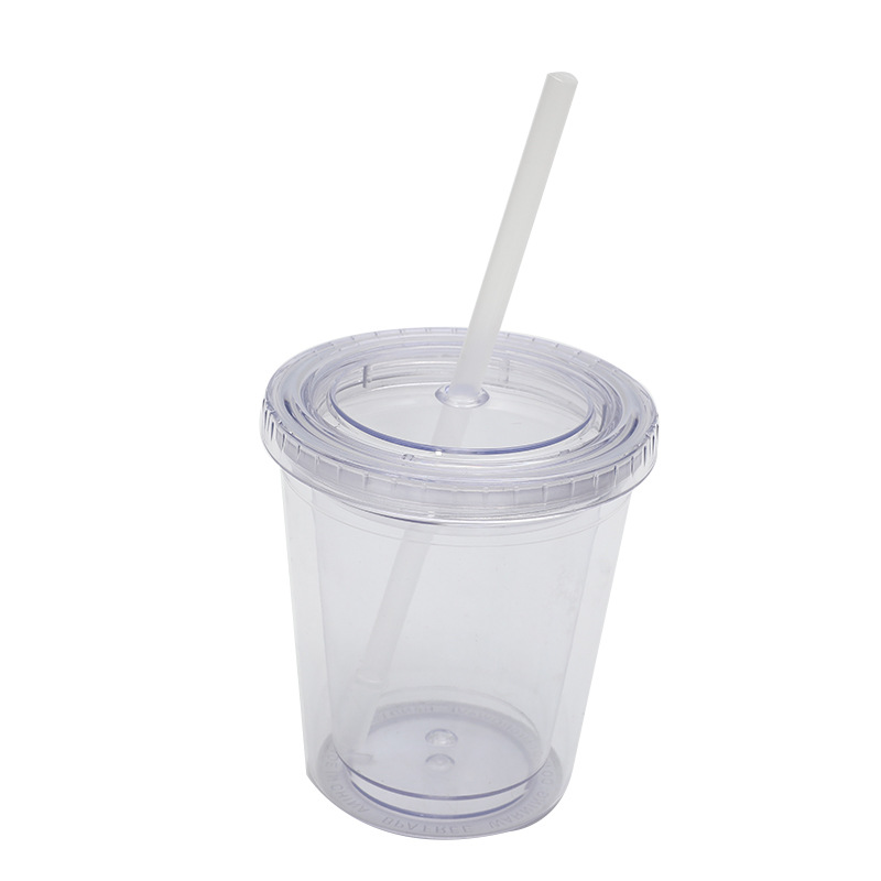 Factory stock, cross-border direct supply 12OZ double-layer plastic cups with LIDS, LOGO available upon request, portable cups, 350ml straw cups Specification drawing