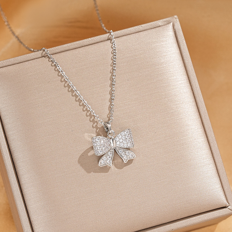 Bow series titanium steel necklace for women, zircon inlaid, popular collarbone chain, fashionable, versatile and high-end accessory wholesale details Picture